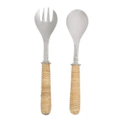 Couverts à Salade En Inox Et Osier Naturel
