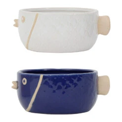 Lot De 2 Coupelles Gros Poisson En Grès Blanc Et Bleu 14x12cm - Océan