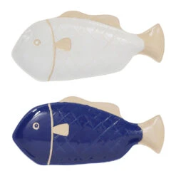 Lot De 2 Plats Poisson En Grès Blanc Et Bleu 31x14cm - Océan