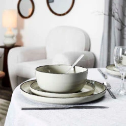 Service à Vaisselle 12 Pièces En Grès Et Céramique Beige